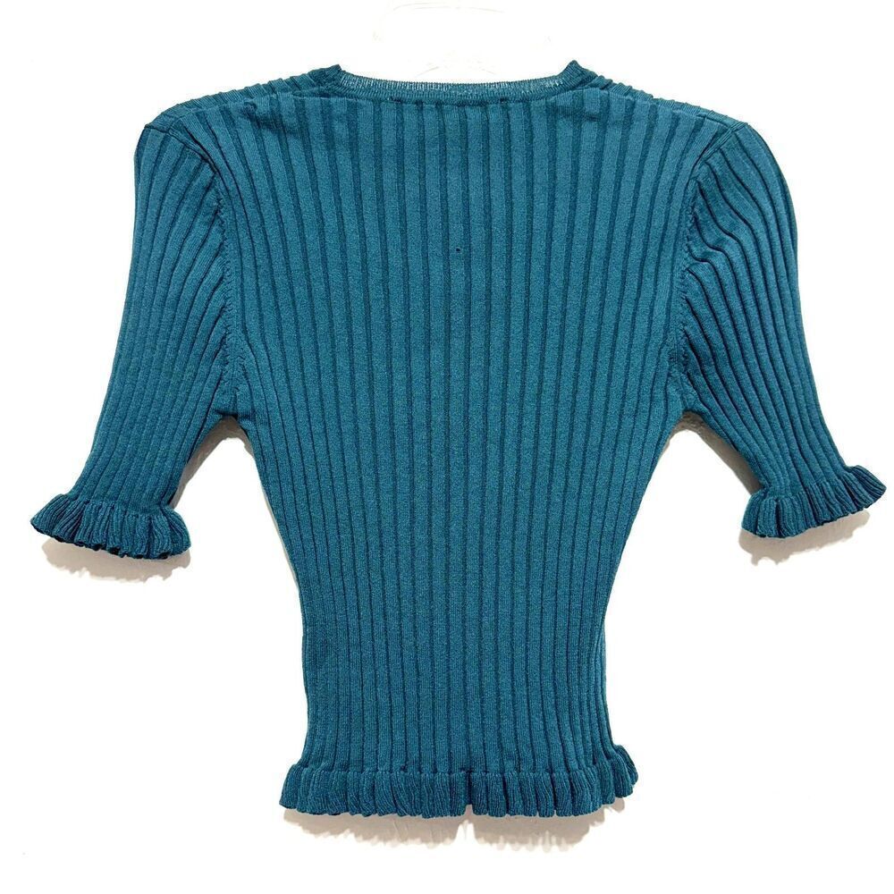 Zara Sweater Cropped Ruffle Green Ribbed Short Sleeve Round Neck Knit size Small - Picture 8 of 8
